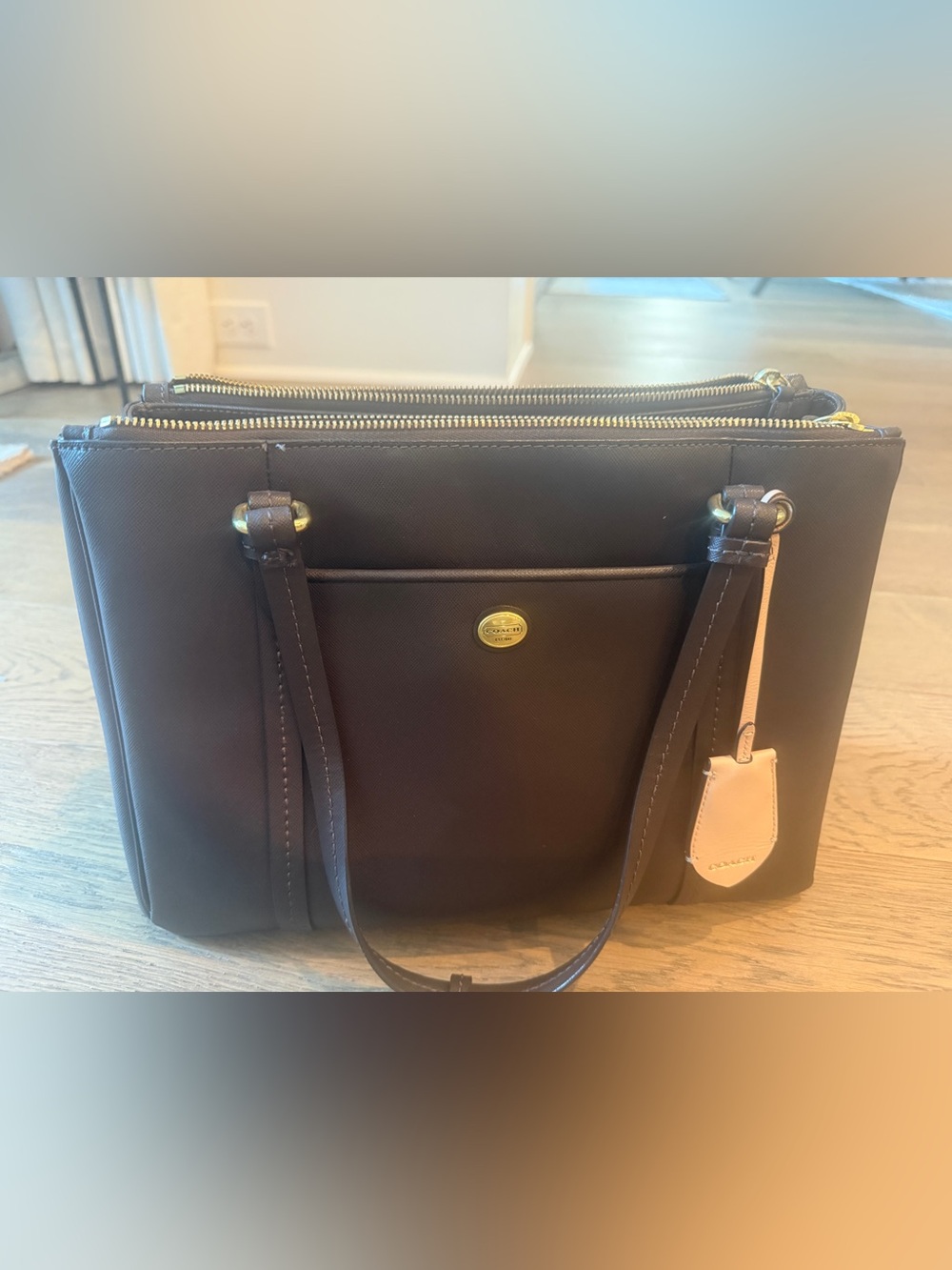 Coach Brown Saffiano Leather Tote with Tan Tag
